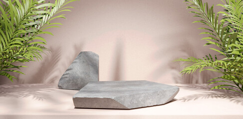 Smooth Stone Podium For Display Product With Tropical Leaves And Shadow Effect. 3D Illustration