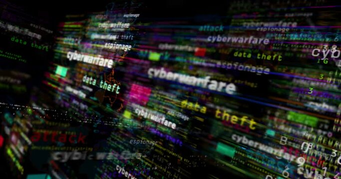 Cyberwarfare media and abstract screen 3d seamless looped. Fly between glitch and noise text concept of cyber attack, war, digital battlefield, espionage and data theft.