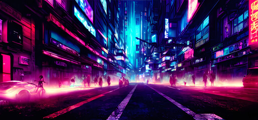 Fototapeta na wymiar Abstract cyberpunk street with glowing neon lights. Digital art painting for book illustration,background wallpaper, concept art.