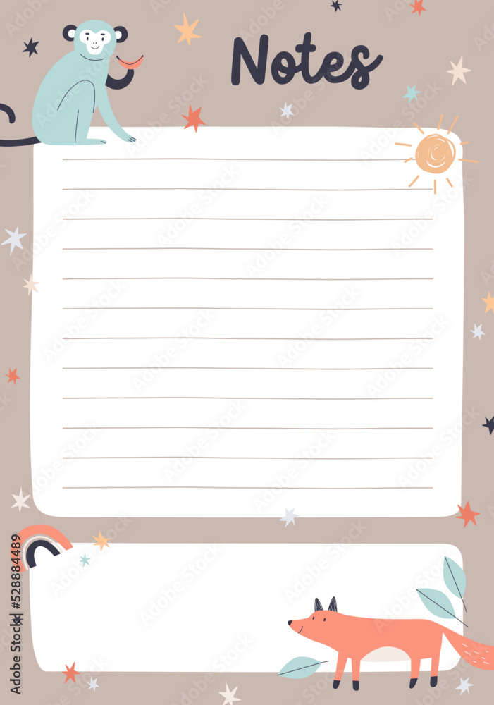 Poster Cute diary page template with lines for notes. Notebook, planner paper sheet design in childish Scandinavian style. Blank background for notepad with funny animals. Colored flat vector illustration