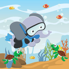 Vector illustration of Little elephant diving in undersea adventure on a background of beautiful blue water