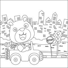 Obraz na płótnie Canvas Vector cartoon of funny bear driving car in the junggle. Cartoon isolated vector illustration, Creative vector Childish design for kids activity colouring book or page.