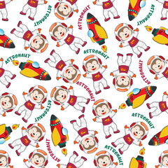 Childish seamless pattern with cute monkey astronaut on space. Can be used for t-shirt print, Creative vector childish background for fabric textile, nursery wallpaper and other decoration.