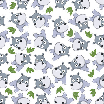 Seamless vector pattern of cute little hippo play in jungle. Design concept for kids textile print, nursery wallpaper, wrapping paper. Cute funny background.