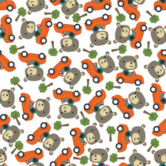 Seamless pattern of funny bear driving car in the road. Creative vector childish background for fabric, textile, nursery wallpaper, poster, card, brochure. and other decoration.