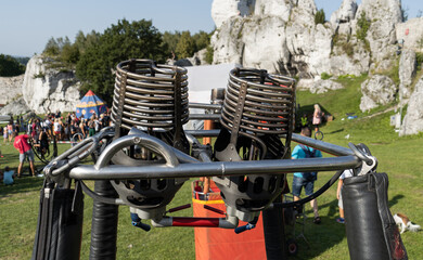 Hot air balloon gas burner. Ballooning equipment to heat up the envelope. Aerostat engine unit coils to move the balloon off the ground and into the air.