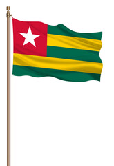 3D Flag of Togo on a pillar blown away isolated on a white background.
