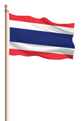 3D Flag of Thailand on a pillar blown away isolated on a white background.