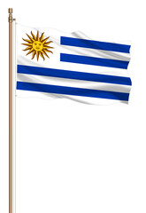 3D Flag of Uruguay on a pillar blown away isolated on a white background.