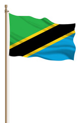 3D Flag of Tanzania on a pillar blown away isolated on a white background.