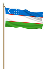 3D Flag of Uzbekistan on a pillar blown away isolated on a white background.