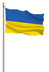 3D Flag of Ukraine on a pillar blown away isolated on a white background.