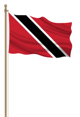 3D Flag of Trinidad and Tobago on a pillar blown away isolated on a white background.