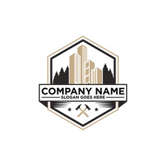 hexagon modern apartment logo vector, building exterior with forest in behind, best for real estate, construction, cityscape logo inspirations