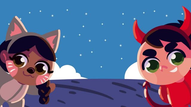 halloween animation with little cat and devil