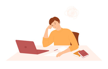 Tired man studying in front of computer. Tangled bundle of thoughts, books and paper with scribbles. Hard learning with a lot of information, preparation for exams, strain, stress. Tired male student.