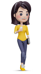 3d render  collection Cute girl with backpack holding books using mobile phone  