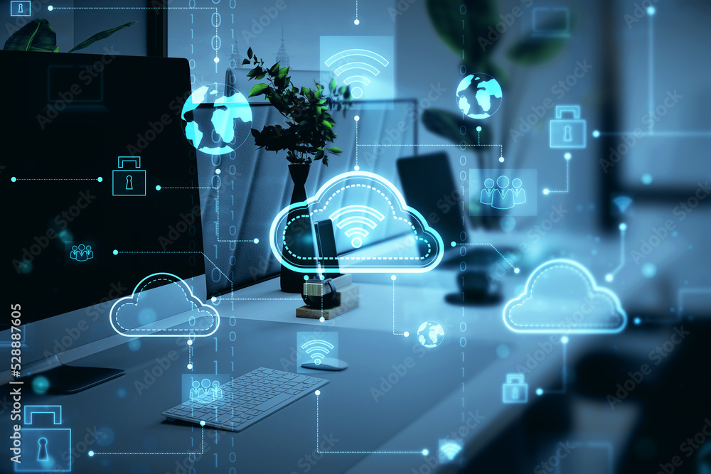 Aufkleber Close up of creative designer workplace with computer monitor and digital cloud computing hologram on blurry background. Cloud data and service concept. 3D Rendering.