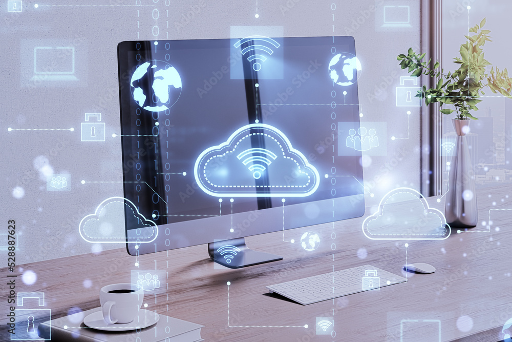 Aufkleber Close up of designer workplace with computer monitor and digital cloud computing hologram on blurry background. Cloud data and service concept. 3D Rendering.