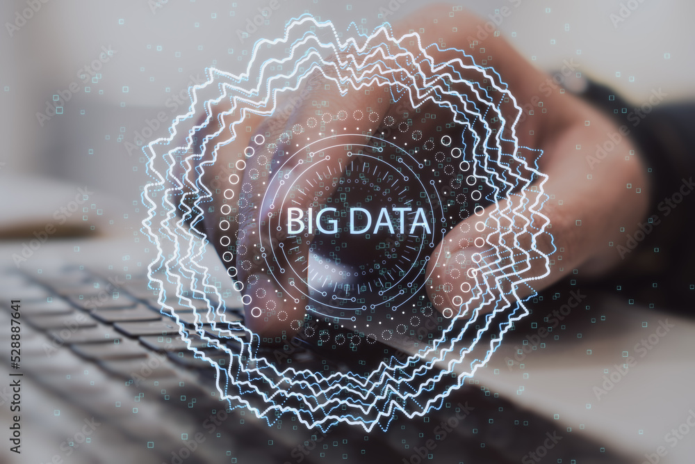 Aufkleber Close up of hand using notebook keyboard with abstract round big data hologram on blurry background. Code and digital science concept. Double exposure.
