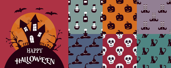 Happy Halloween Set. Set of simple vector illustrations of seamless patterns. Elements for designing cards, posters, invitations.