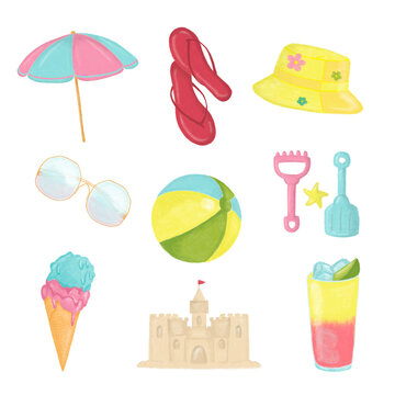 Transparent png Illustration set. Summer vacation equipment, summer leisure time, holidays. 