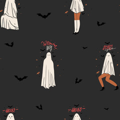Hand drawn abstract vector graphic clipart illustrations seamless pattern,Halloween holiday costume party people characters.Creepy Halloween design poster concept.Happy Halloween contemporary art.