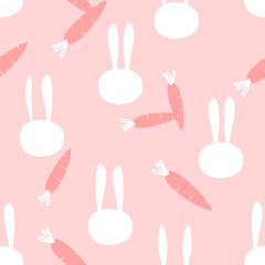 Fototapeta na wymiar Seamless pattern with rabbit face and carrots on pink background vector illustration.