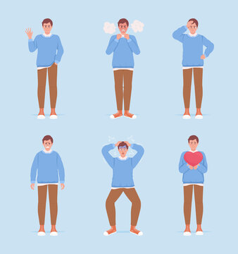 Men demonstrating different emotions semi flat color raster characters set. Full body people expressions. Simple cartoon style illustration for web graphic design and animation pack