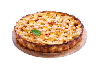 Delicious traditional apple pie with mint isolated on white