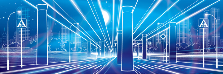 Automotive overpass, night highway. Neon glow city. Urban scene. White outlines on blue background. City infrastructure illustration. Vector design art