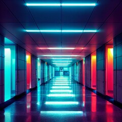 corridor in a building with neon lights