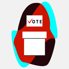 Ballot and ballot box. Red checkmark and text VOTE on paper sheet. Voting-paper falls into square box. Voting at polling station. Make political choice. Use your voice. Holding parliamentary elections - obrazy, fototapety, plakaty
