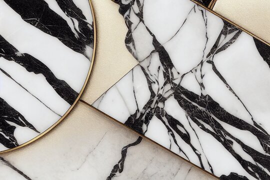 Marble art deco background, abstract black and white marble with gold texture, 3D illustration