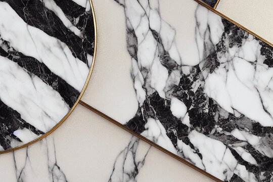 Marble art deco background, abstract black and white marble with gold texture, 3D illustration
