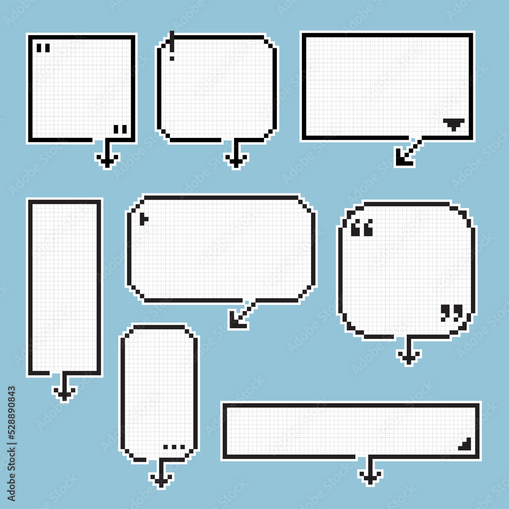 Poster collection set of retro game 8 bit line pixel speech bubble balloon black and white color with arrow