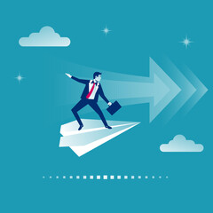 Aspirational business. Leadership, concept of vision, mission ambitions. Path to success. Man with briefcase in hand flies on paper plane. Vector illustration flat design.