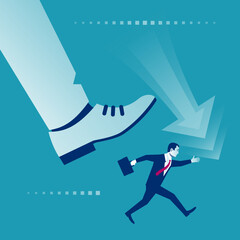 Risk management concept. Businessman runs away from a big leg. Trampling businessman. Vector illustration flat design. Isolated in background. Giant foot leader.