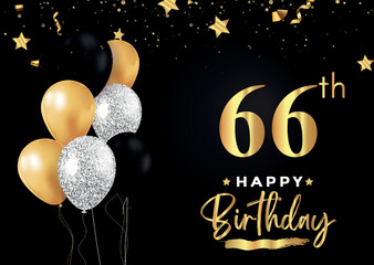 Happy 66th birthday with balloons, grunge brush and gold star isolated on luxury background. Premium design for banner, poster, birthday card, invitation card, greeting card, anniversary celebration.