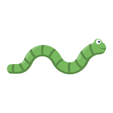 Green worm. Worm icon. Smiling cartoon earthworm. Vector illustration flat design. Isolated on white background. Invertebrate crawling creature.