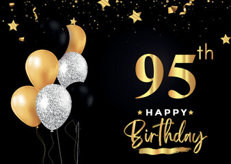 Happy 95th birthday with balloons, grunge brush and gold star isolated on luxury background. Premium design for banner, poster, birthday card, invitation card, greeting card, anniversary celebration.