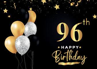 Happy 96th birthday with balloons, grunge brush and gold star isolated on luxury background. Premium design for banner, poster, birthday card, invitation card, greeting card, anniversary celebration.