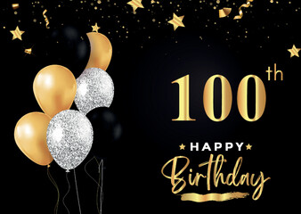 Happy 100th birthday with balloons, grunge brush and gold star isolated on luxury background. Premium design for banner, poster, birthday card, invitation card, greeting card,  anniversary celebration