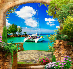 Yacht in the bay. Photo wallpapers. The fresco.