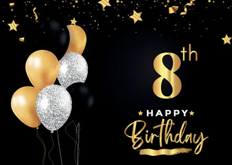 Happy 8th birthday with balloons, grunge brush and gold star isolated on luxury background. Premium design for banner, poster, birthday card, invitation card, greeting card, anniversary celebration.