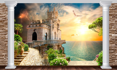 Illustration of a thunderstorm on the seashore. Swallow's Nest Castle in the Crimea. Mural Photo...