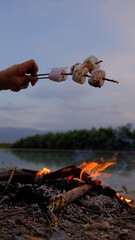 Burnt marshmallows on a picnic fire near the river.