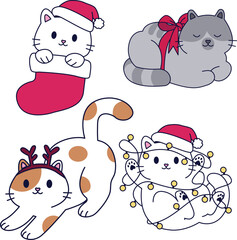 Cute kittens. Set of Christmas kittens. kitten in a Christmas sock. The cat is entangled in a garland. Cat with deer antlers. Cat with red bow
