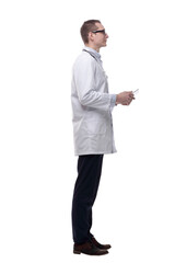 doctor therapist using a digital tablet. isolated on a white