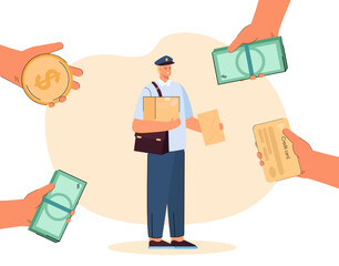 Huge hand giving money to tiny postman with package. People paying for letters and parcels flat vector illustration. Mail, delivery service, payment concept for banner, website design or landing page